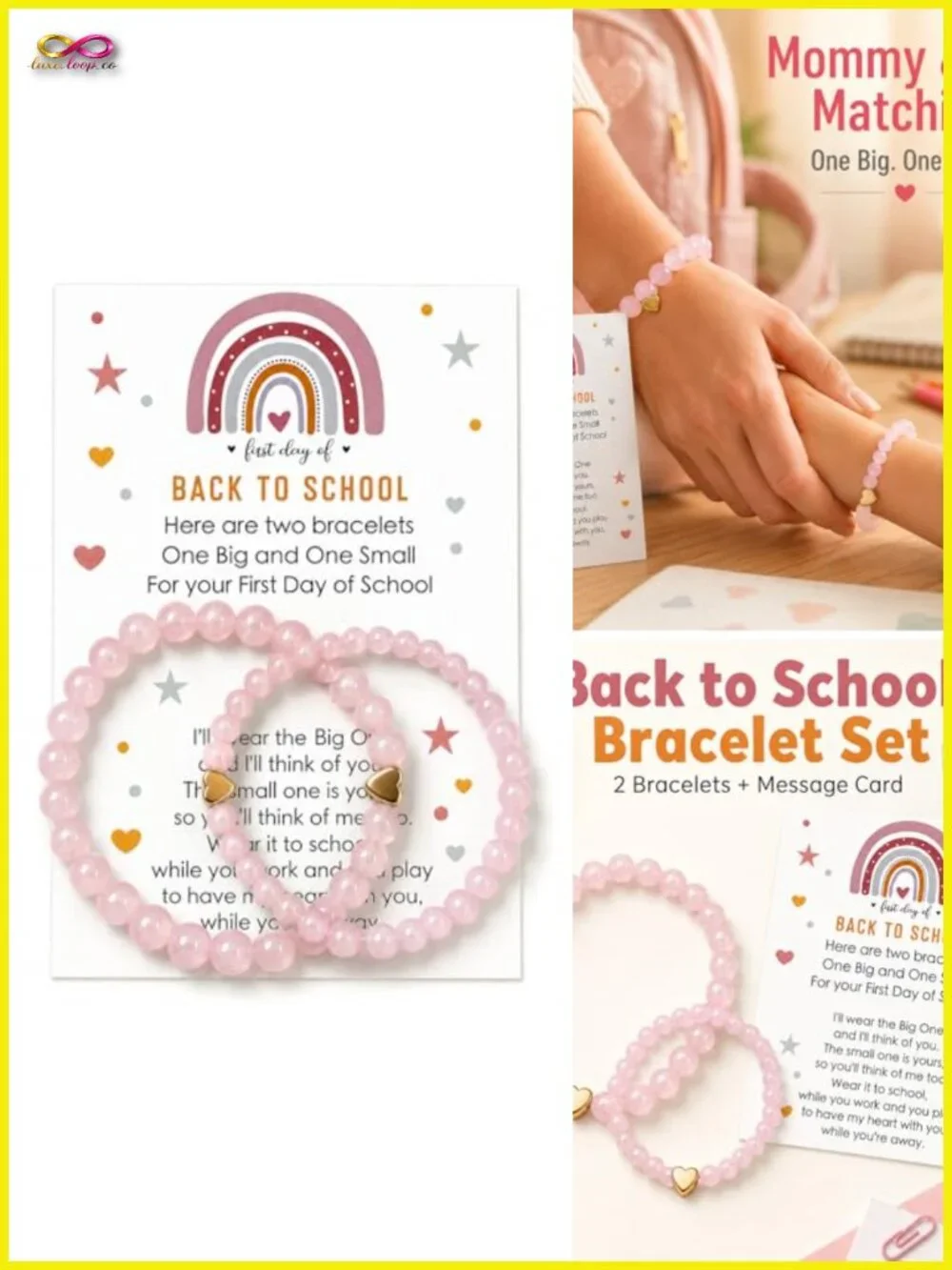 Mommy and Me Elastic Stretch Bracelet Set Glass Beads Heart Charm Back to School
